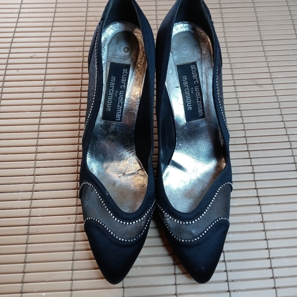 Stuart Weitzman for Martinique women's black satin, metal mesh, rhinestones, 3"